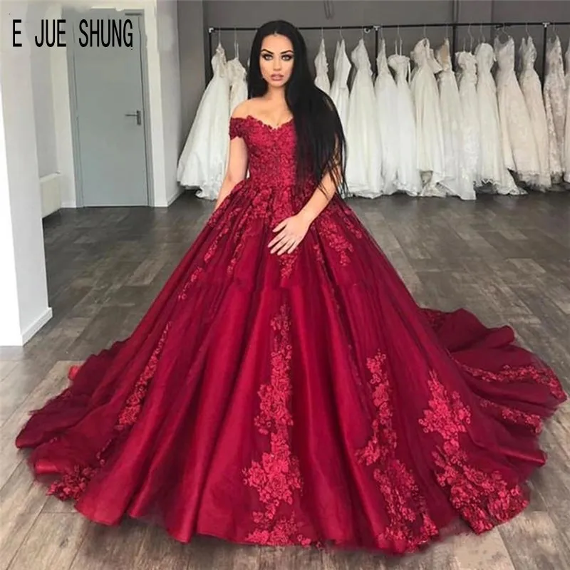 E jue shung vestidos de casamento vermelho escuro do vintage fora do ombro rendas apliques rendas até voltar vestido de baile vestidos de noiva