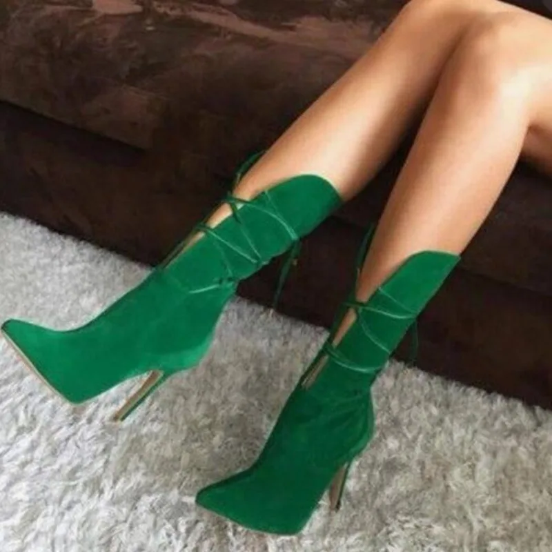 

Sexy Women High Heels Green Boots Lace Up Mid Calf Booties Pointed Toe Fashion Flock Lady Party Boots Female Botas