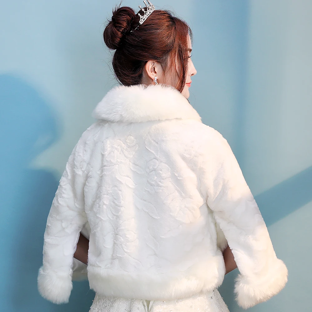 Ivory Winter Warm Thicken Faux Fur Cape Half Sleeve Lapel Wedding Bridal Rolled Cloak Formal Shrug Shawl Keep Out Cold Coat