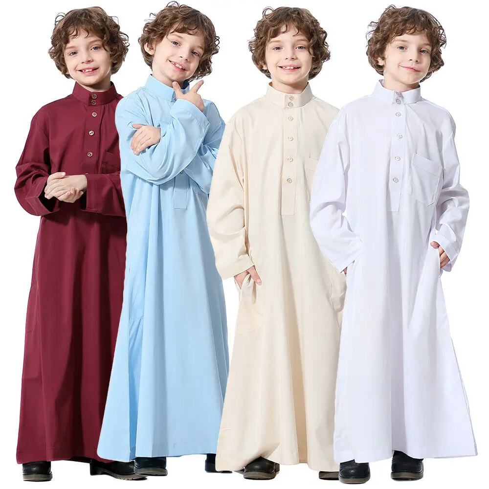 Islamico Ragazzi Jubba Thobe Thawb Caftano Vestiti Musulmani di Abaya Preghiera Dei Bambini Del Manicotto Lungo Vestaglie Bambini Ramadan casual Dress Robe