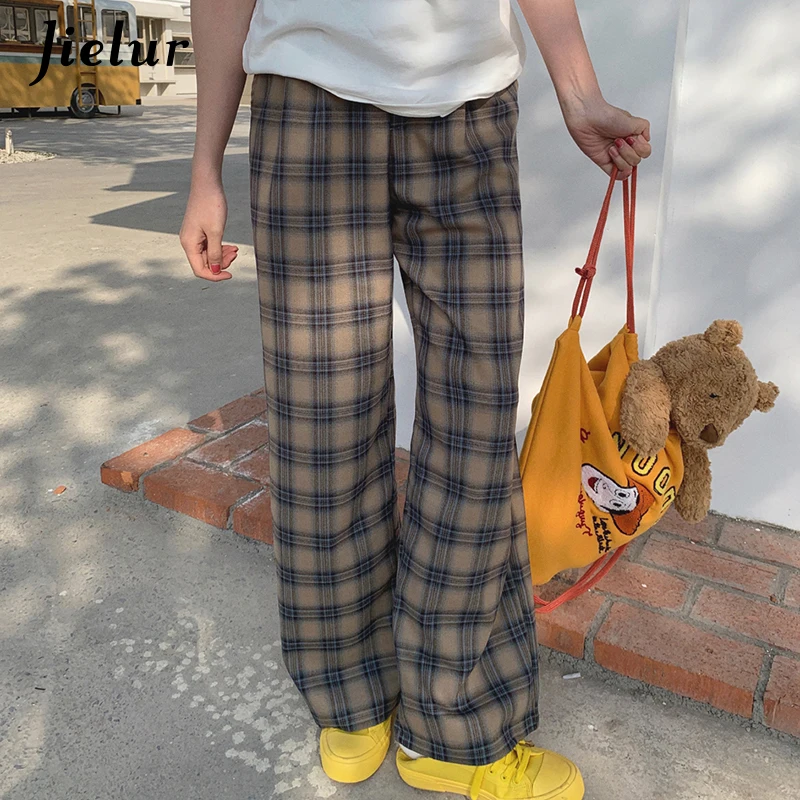 

Jielur Harajuku Vintage Plaid Pants for Woman Fashion Long Women's Pants Casual Korean Elastic Waist Loose Streetwear Pantalons