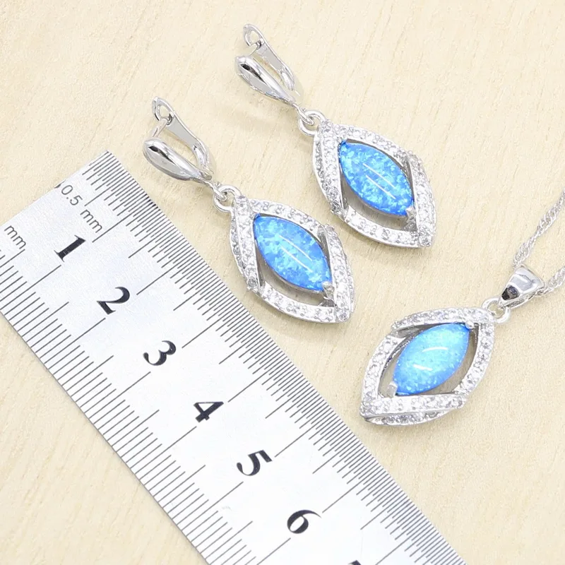 Blue Fire Opal Earrings Necklace Pendant Ring Silver 925 Wedding Jewelry Set for Women Light Blue Crystal Bracelet Gift