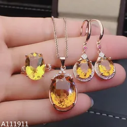 KJJEAXCMY Fine Jewelry Natural Citrine 925 Sterling Silver Women Set Necklace Chain Earrings Ring Luxury with Box