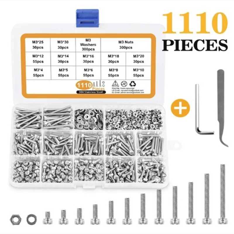 1110pcs M3 Stainless Steel Hex Socket Head Cap Allen Screw Bolt Set Socket Head Cap Screws and Nuts Flat Washer Assortment Kit