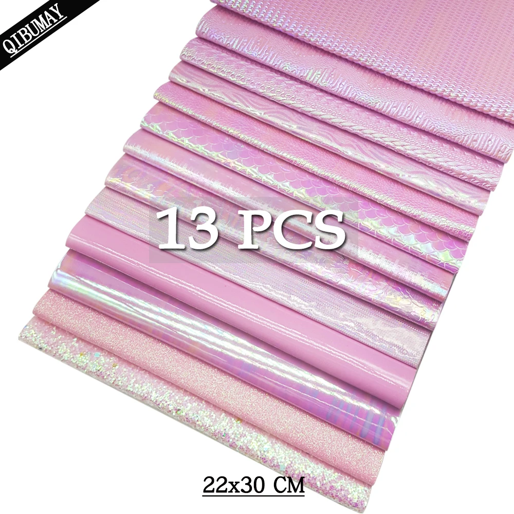 QIBU 22*30cm 13pcs Pink Vinyl Fabric Set A4 Size Chunky Glitter Faux Leather Smooth Holographic Fabric DIY Bow Bags Materials