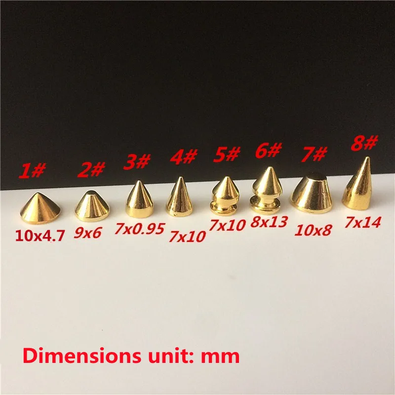 All Kinds of Gold Metal Screwback Cone Studs Bullet Spike Stud Punk Bag Belt Shoes Clothes Leathercraft Cone Rivet DIY