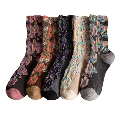 Chaussettes longues en coton imprimé pour femmes, style folklorique personnalisé, accessoires vestisens, mignon, vintage, Skarpety Damskie, hiver, 3 paires