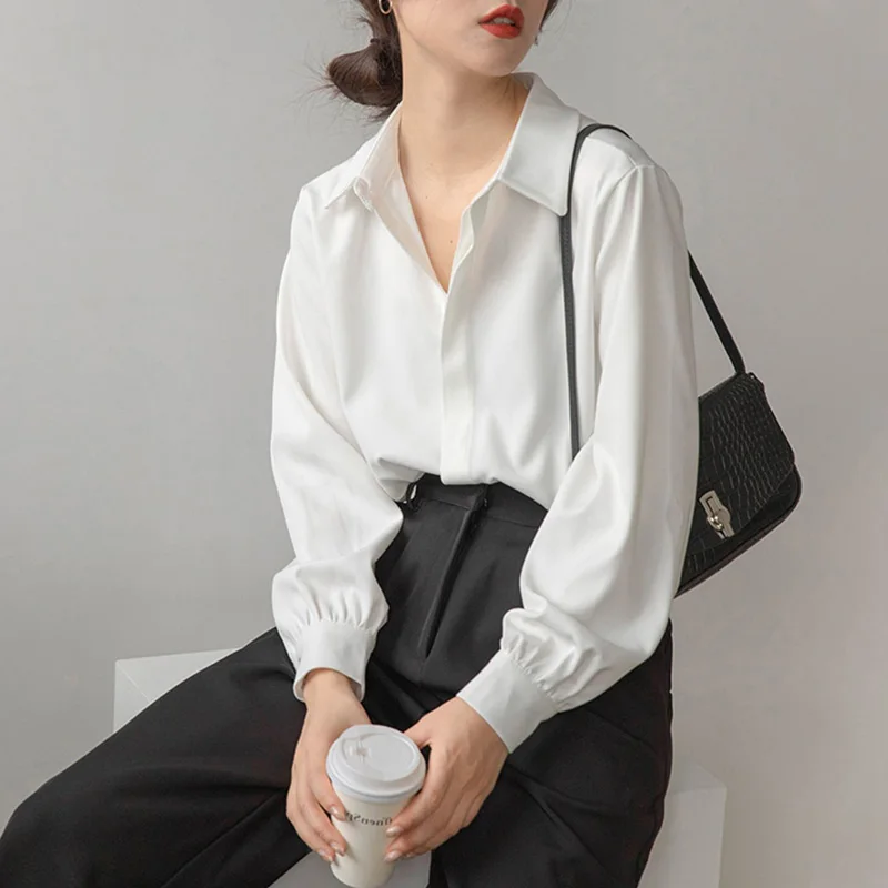 Autumn Women White Shirts Formal Long Sleeve Turn Down Collar Top Solid Business Temperament Black Shirt S-5XL Classic Blouse OL