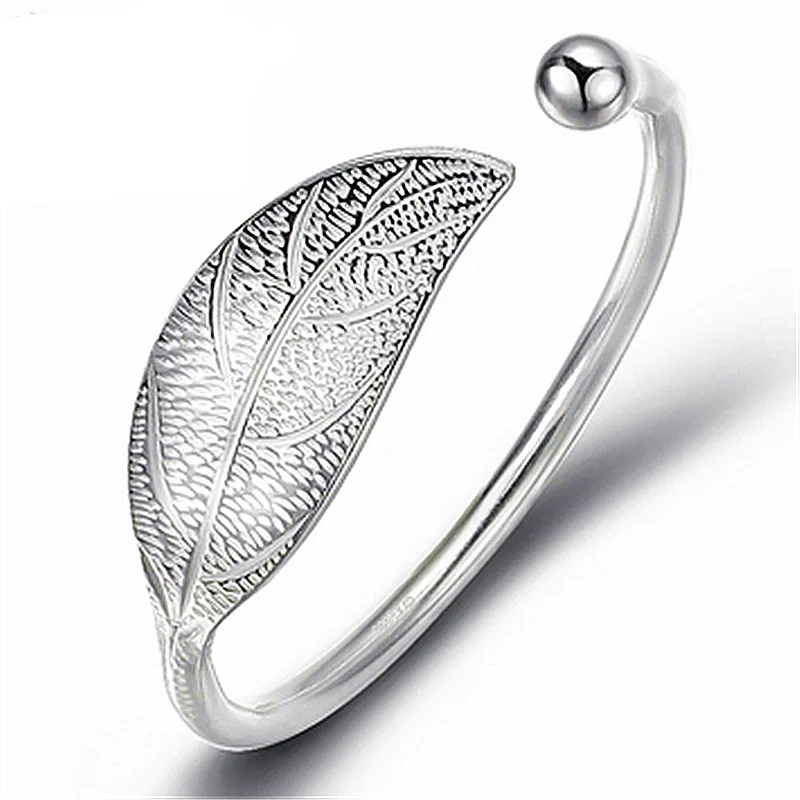 

Fashion 925 Sterling Silver Woman Cuff Bracelet Open Leaf Shaped Adjustable Charm Bangle Girls Party Jewelry Christmas Gifts