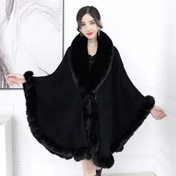 16 Colors Winter Warm Capes Plus Size Batwing Sleeves Poncho Cloak Women Turn-Down Faux Fur Collar Loose Cardigan Shawl Coat