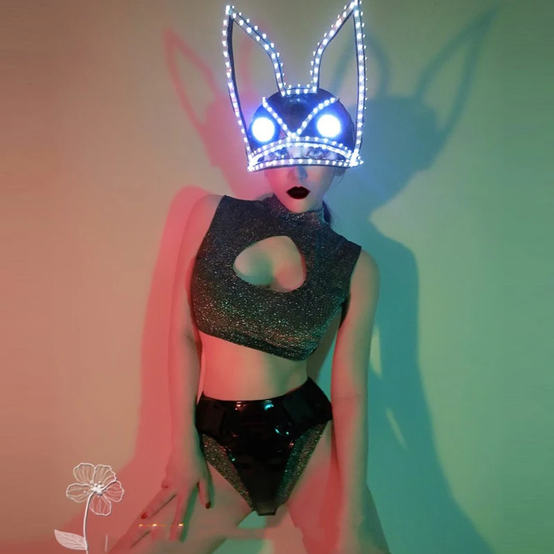 

Nightclub Bar DJ Costume LED Glowing Rabbit Headwear Sexy Hollow Patent Leather Bikini GoGo Stage Performance Costume DWY4523