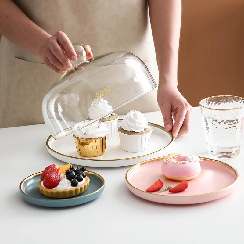 

Nordic style ceramic cake dessert bread fruit dessert nuts sushi plate display tray tasting plate with glass cover