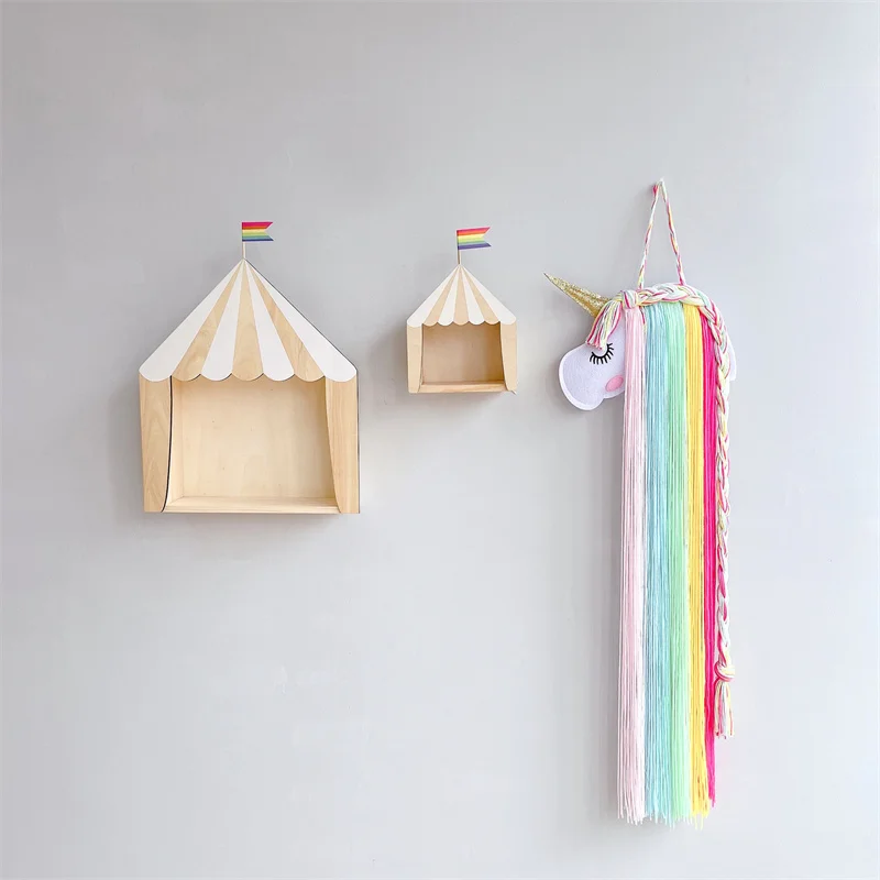 Nordic Style Wooden Circus House Shaped Wood Holder Handmade Kids Bookends Wooden Ornaments Kids Room Decoration Nursery Decor