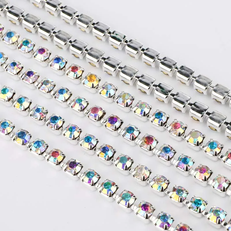 10 Yards Crystal AB Rhinestones Close Chain Clear Trim Sewing Silver Base Cup Chain Crystal Strass Glass Stone Sew On Rhinestone