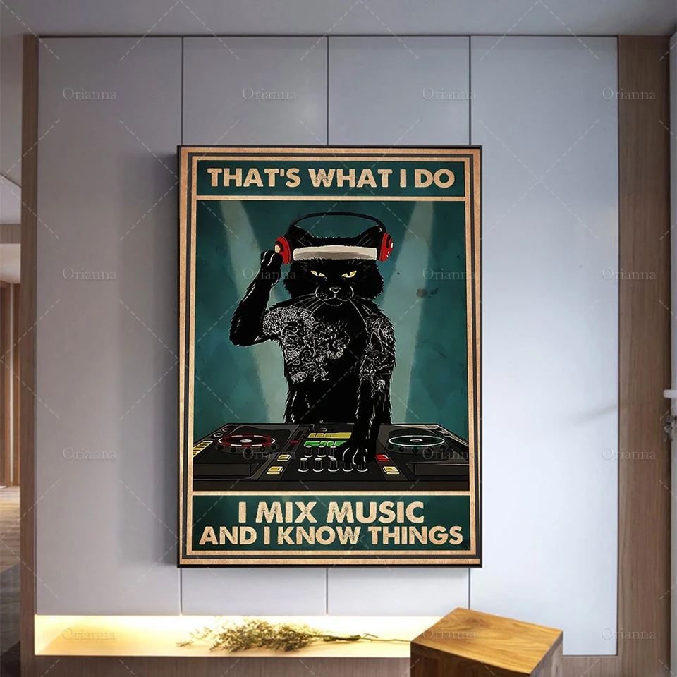 That's What I Do I Mix Music And I Know Things Poster, Tattoo Black Cat Art Print, Funny Cat Wall Art, Music Lover Home Decor,