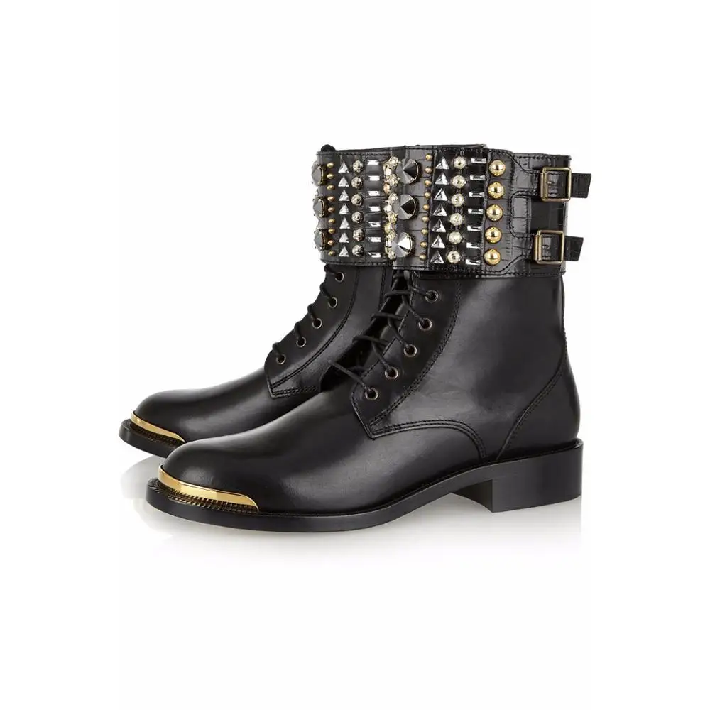 

Size 35-45 Flat Platform Boots Women Shoes Autumn Winter Spike Round Toe Lace up Short Boots Cool Ladies Shoes