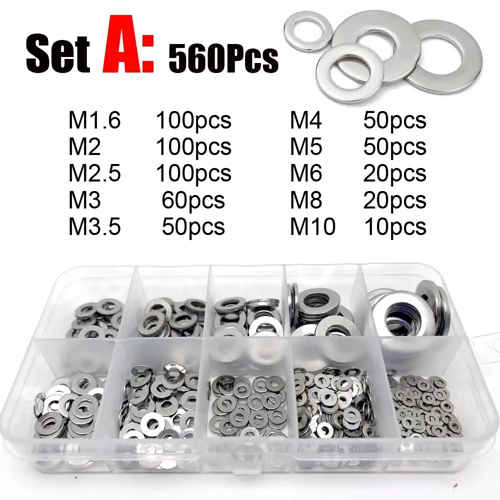 

560/1040pcs Flat Washer Assortment Kit M1.6 M2 M2.5 M3 M3.5 M4 M5 M6 M8 M10 M12 M14 M16 304 Stainless Steel Plain Gasket Box Set