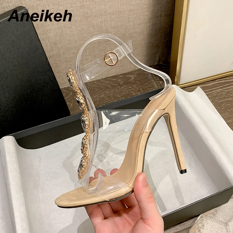 Aneikeh 2024 Sweet Style Rhinestone Decoration Pointed Toe Thin High Heel Women Party Shoe Fashion PVC Ankle Buckle Strap Sandal