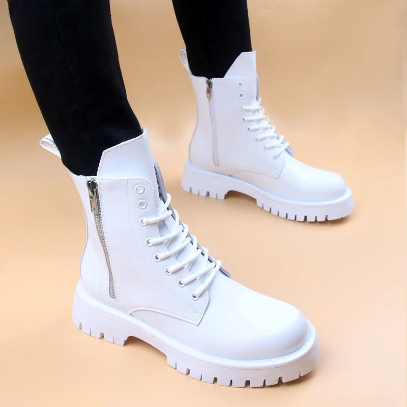 

Korean style men's fashion platform boots tide genuine leather shoes black white cowboy boot handsome spring autumn ankle botas