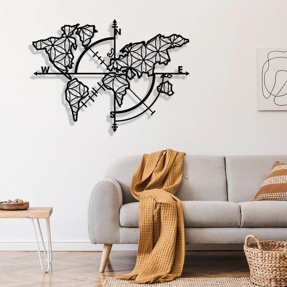 MIGNATIS World Map Compass Flower of Life Metal Wall Decor - Kitchen Wall Decor, Office, wall Decorations for Living Room