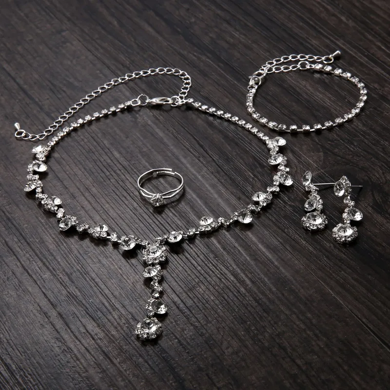 Women\'s Silver Color Fashion Wedding Jewelry Luxury Crystal Pearl Necklace/Bracelet/Ring/Earrings Ladies Jewelry Sets for Bridal