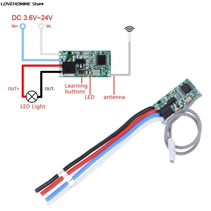 Interruptor de controle remoto sem fio universal, RF Relé Receptor, Micro Módulo, LED Light Controller, DIY, 433 MHz, 1CH, DC 3.6V-24V, 1Pc