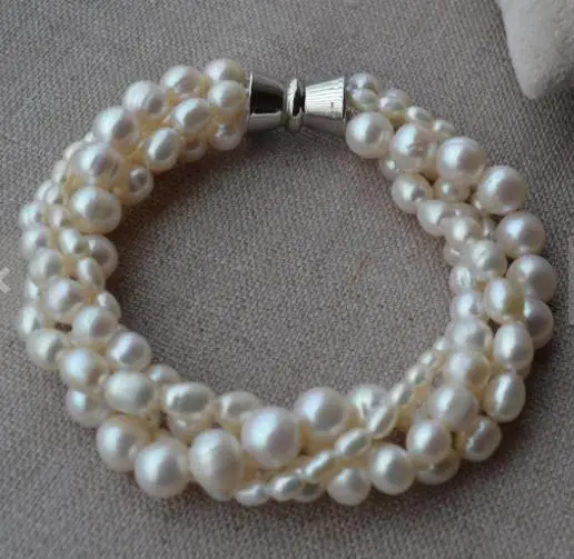 New Favorite Pearl Bracelet Wedding Birthday Women Fine Jewelry 100% Real White Freshwater Pearl 4rows Handmade Bangle