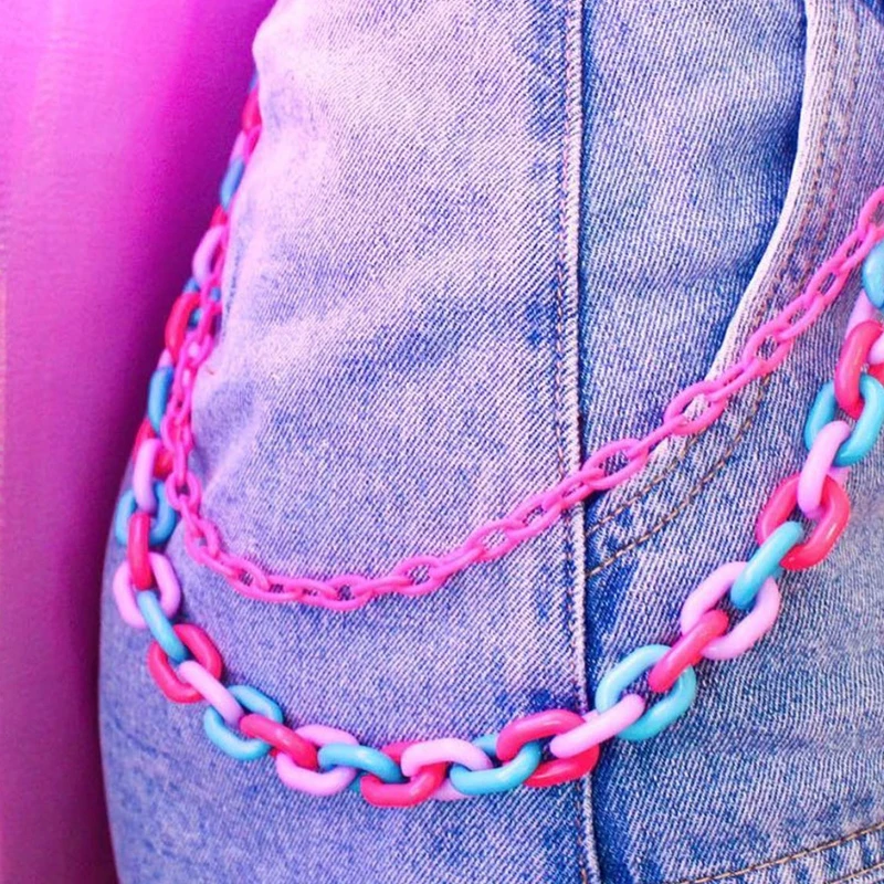 90s Aesthetic Pink Resin Waist Chain Trouser Chain for Women Acrylic Rainbow Vintage Harajuku Keychain Charms Body Accessories