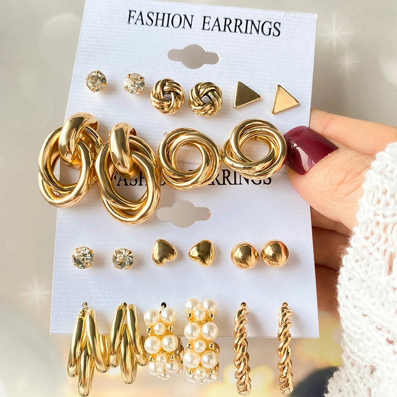 KISS WIFE Metal Pearl Stud Hoop Earrings Set For Women Vintage Gold Color Round Square Drop Earrings 2021 Trend Gifts Jewelry