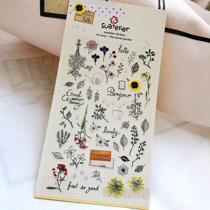 Suatelier-pegatina de flores de jardín secreto, planta, hoja de girasol, Material para álbum de recortes, diario artesanal, decoración de diario basura, artesanía de Hobby