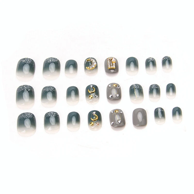 24Pcs/Boxed Korte Ronde Nep Nagels Afgewerkt Vingernagel Patch Populaire Leuke Licht Grijs En Blauw Flash Poeder Ster maan Nail Tips