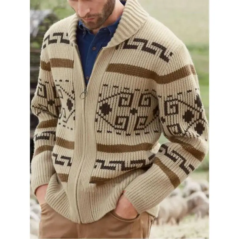 Men's Lapel Cardigan Printed Decor European And American Hand Knitting Wool Soft Stretchy Coat Loose Various Size Male Sweater