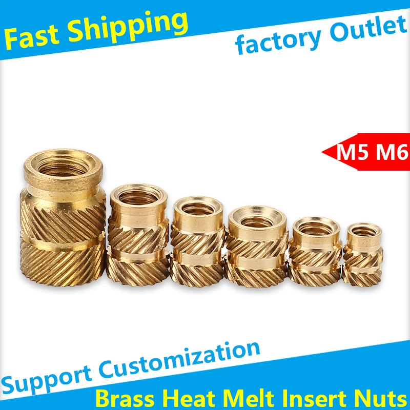 Brass Hot Melt Inset Nuts Heating Molding Copper Thread Inserts Nut SL-type Double Twill Knurled Injection Brass Nut M5M6 20Pcs