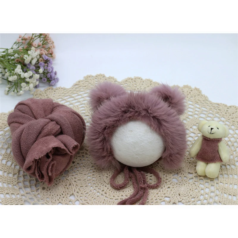 3pcs/set Newborn Infant Photography Wraps Knitted Baby Boys Girls Photo Props Faux Fur Hat Strong Stretch Blanket Bear Doll