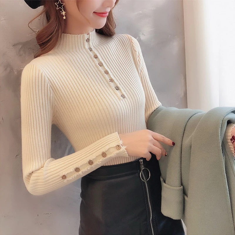 Autumn Winter women‘s sweaters pullovers long sleeve button O-neck chic Sweater Female Slim knit top soft jumper casual  tops