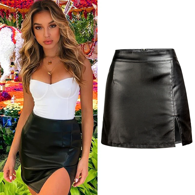 

Сексуальные клубные наряды для женщин: мини-юбка из искусственной кожи с боковым разрезом, эластичная, облегающая, белая, для ночных клубов.