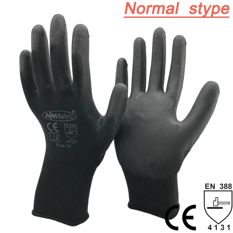 Professional Work Gloves Palm Coated Pu Safety Gloves Black Nylon Cotton Household Gloves Labor Work 12 Pairs NMSafety Brand