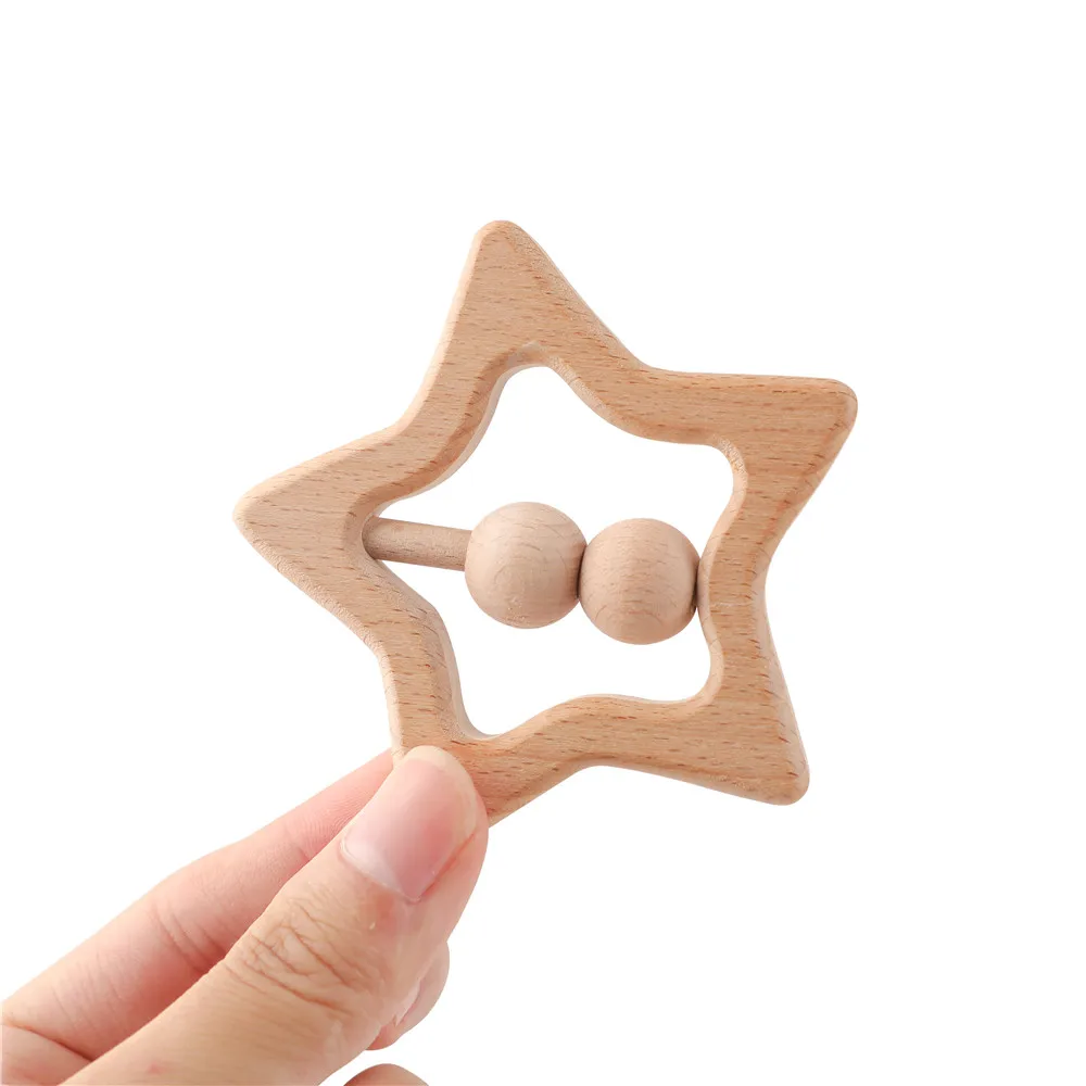 Wooden Rattles For Newborn Baby 1pc Baby Toys Star Shape Ring Teether Montessori Stroller Educational Toys Baby Wood Rattles