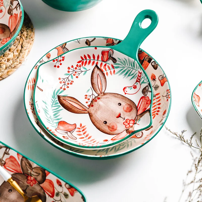 1pc/cute rabbit hand-painted bowl and plate underglaze ceramic household soup bowl commercial hotel noodle bowl fruit salad bowl