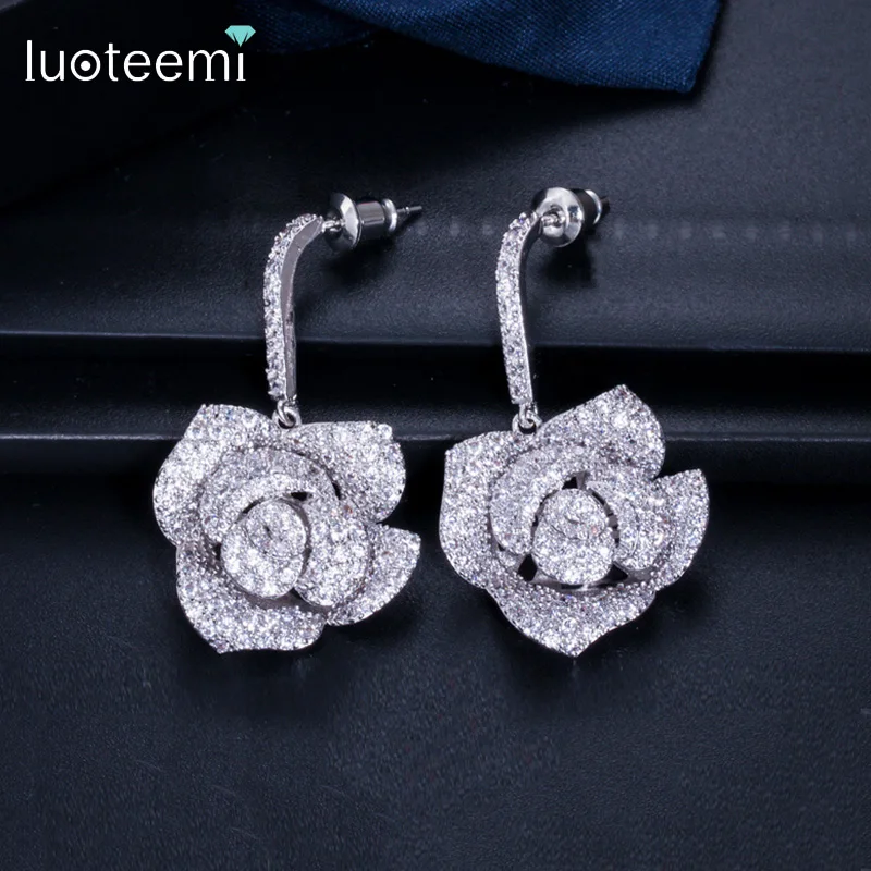 

LUOTEEMI Luxury Big Rose Flower Drop Earring for Women Trending Bridal Wedding Party Full Cubic Zirconia Accessories Christmas