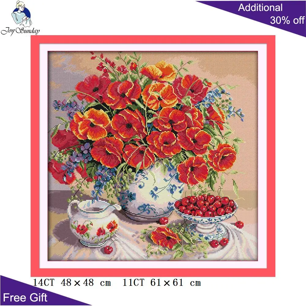 Joy Sunday Poppy and Cherry Needlepoints, Counted and Stamped Home Decor, Beautiful Flowers, Cross Stitch Kits, J218, 14CT, 11CT