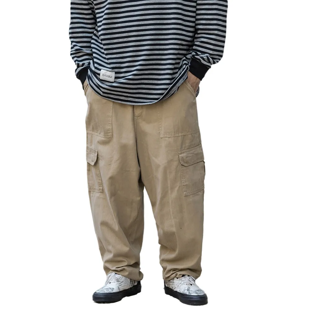 

Multi-Pocket Cargo Pants Mens Safari Style Loose Straight-leg Pants Elastic Waist Casual Solid Color Trousers Men