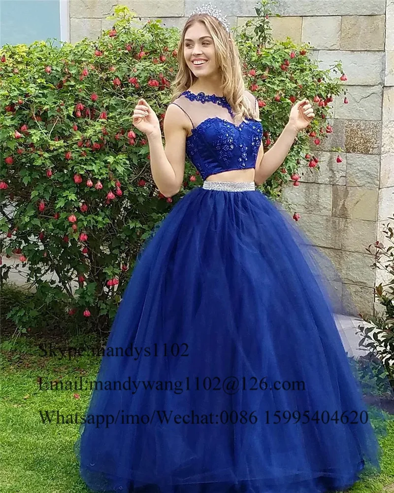 Two Pieces Quinceanera Dresses Ball Gown Formal Prom 2020 Glitter Crystal Dress 15 years Sheer Applique Lace robe de quinceanera