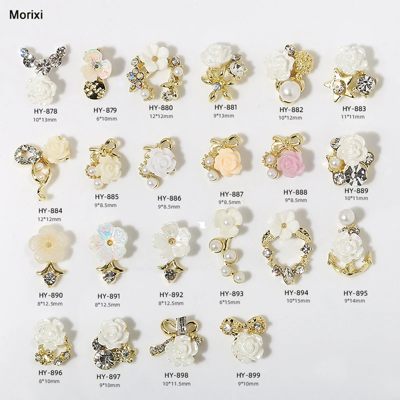 

5pcs/lot nail art rhinestones white camellia flowers gold silver alloy zircon diamond pearls for girls nail art decoration RS014