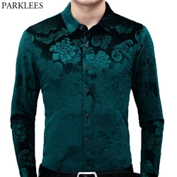 Camisas de vestir florales de terciopelo verde para hombre, camisa de manga larga ajustada, camisa informal con botones, 2020