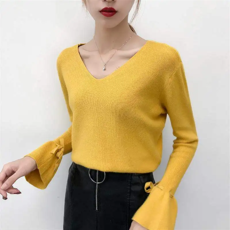 TingYiLi Sexy Double V-neck Lace Up Women Sweater Flare Sleeve Two Sides Wear Knitted Pullover Korean Red Black White Yellow Top