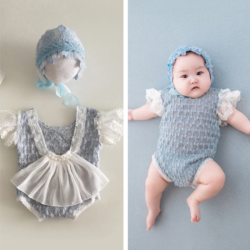 Newborn Girl Photo Dresses Romper Lace Princess Dress Hat Sets Baby Infant Souvenir PIcture Clothing 0-3 Months Photo Cotumes