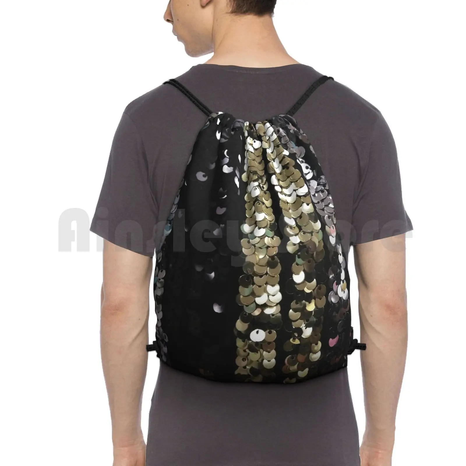 Sequins In Black , Gold And Silver Backpack Drawstring Bag Riding Climbing Gym Bag Sequins Black Silver Gold Shiny Glitter