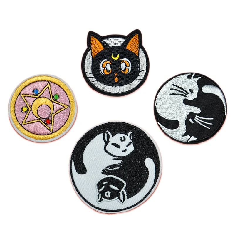 50pcs/Lot Round Embroidery Patch Animal Cat Kitty Black Clothing Decoration Sewing Accessory Diy Iron Heat Transfer Applique