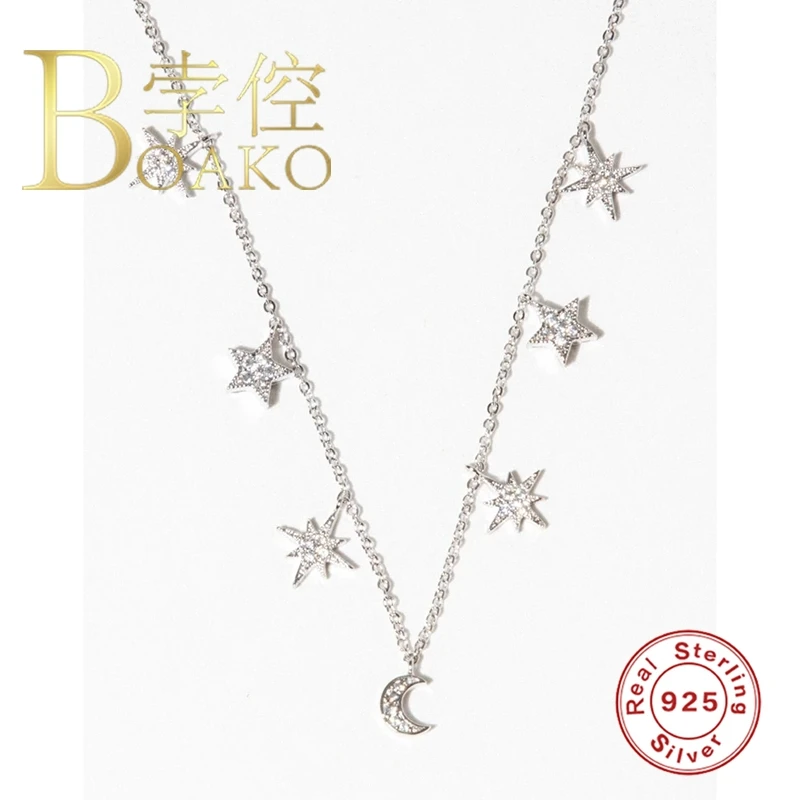 BOAKO-collar de Plata de ley 925 para mujer, joyería para mujer, Cadena de Luna y estrellas 2020, Gargantilla de circonita, #8,5